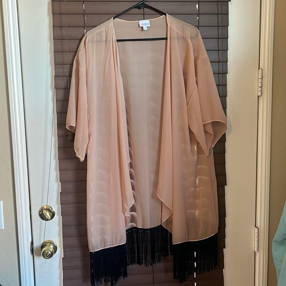 Sheer blush kimono with black fringe